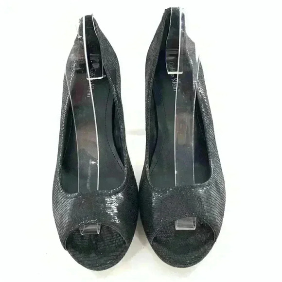 Calvin Klein heels 8.5 Kail black leather snakeskin embossed platforms party - Picture 3 of 14